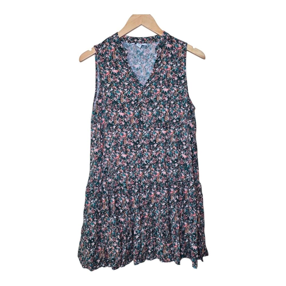 Nine West Floral Tiered Mini Dress Sleeveless V-Neck Pink Teal Black Women's Lrg